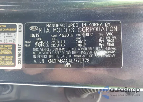 2020 Kia Sportage Lx z USA, uszkodzony, nr VIN KNDPM3AC4L7771778